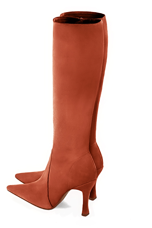 Terracotta orange women's feminine knee-high boots. Pointed toe. Very high spool heels. Made to measure. Rear view - Florence KOOIJMAN